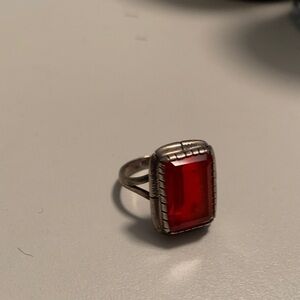 Vintage ruby red glass solitaire in 925 marked sterling silver sz5 w patina